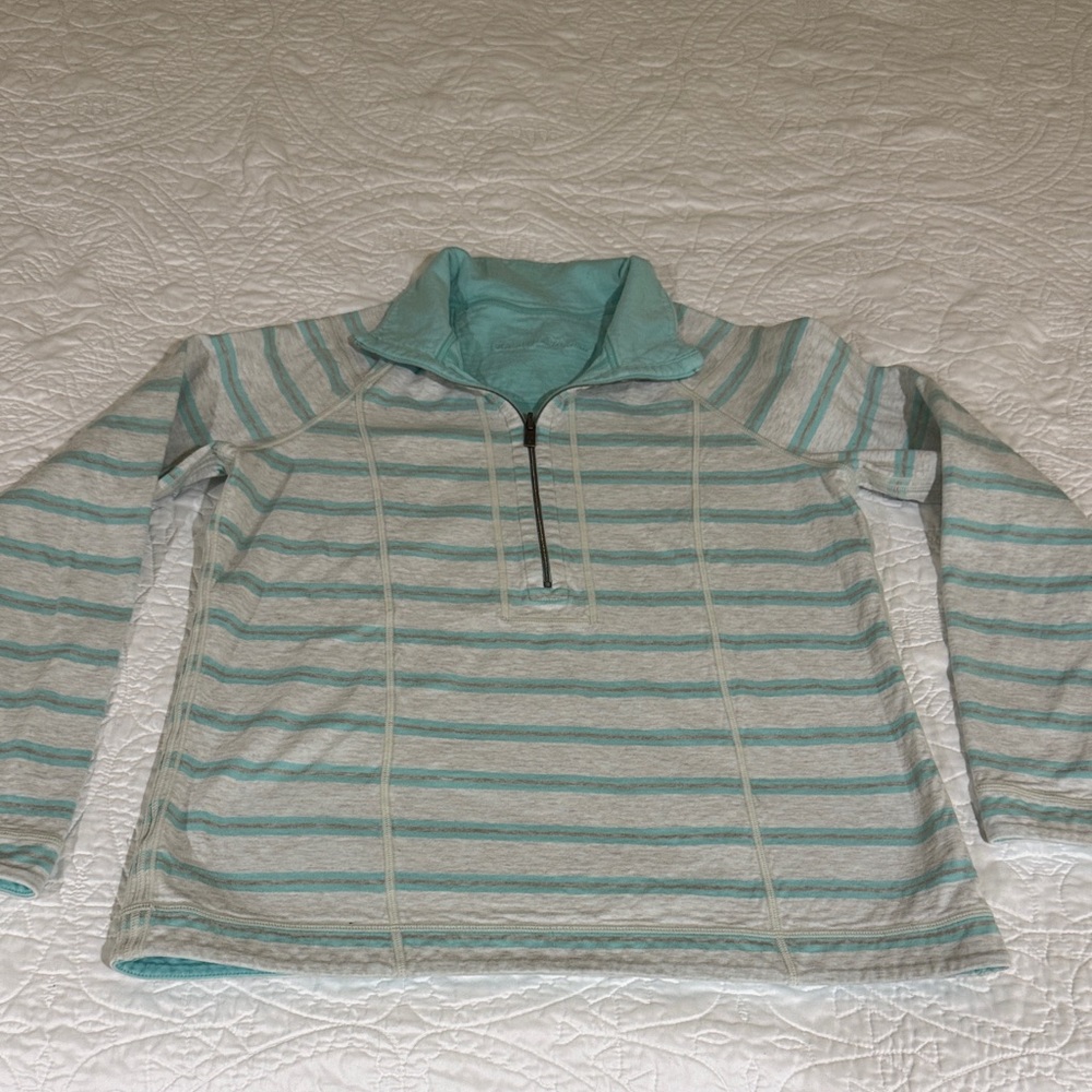 Tommy Bahama Striped Teal Grey quarter zip Pullover long sleeve shirt medium